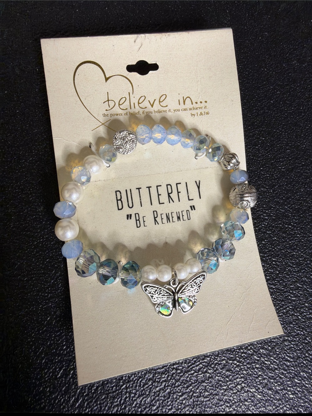Believe In Butterfly Beaded Stretch Bracelet - Iridescent Blue & White
